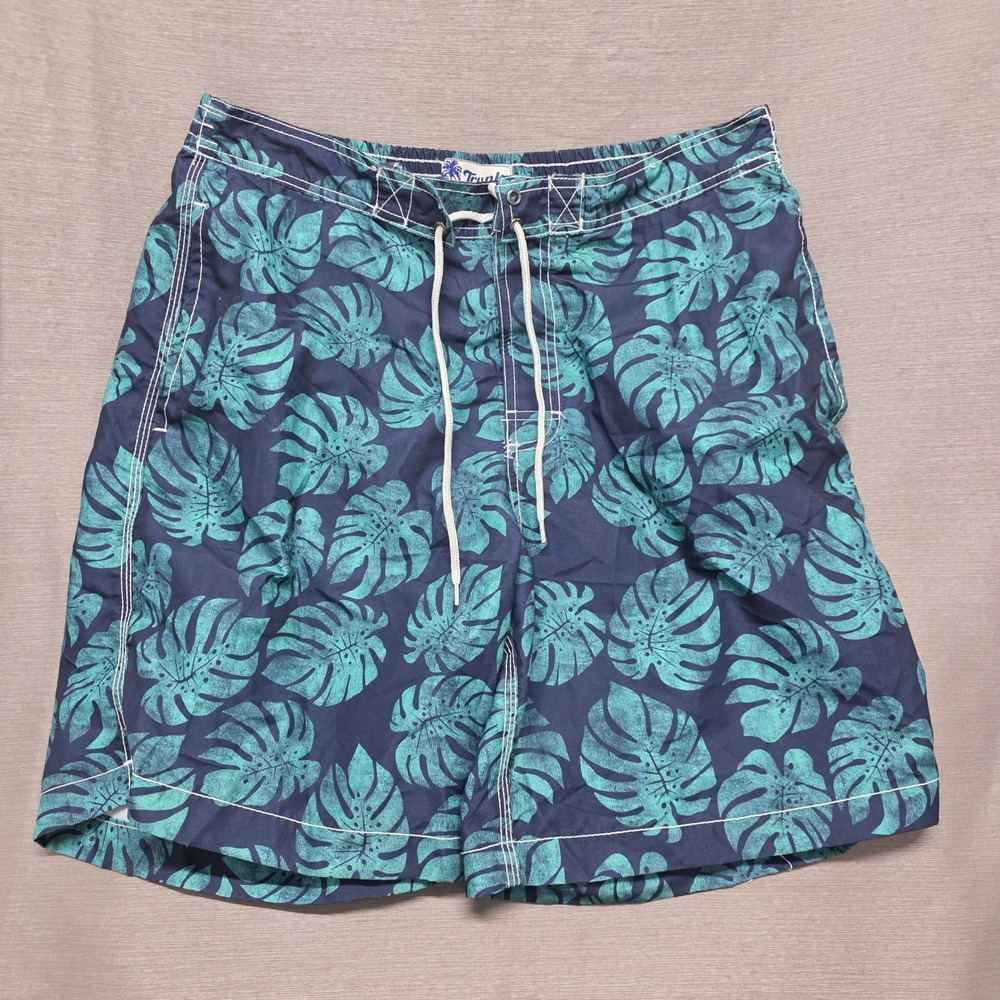 Trunks Surf & Swim Co Mens Large Navy Teal‎ Monstera Leaf Tropical Swim Shorts L